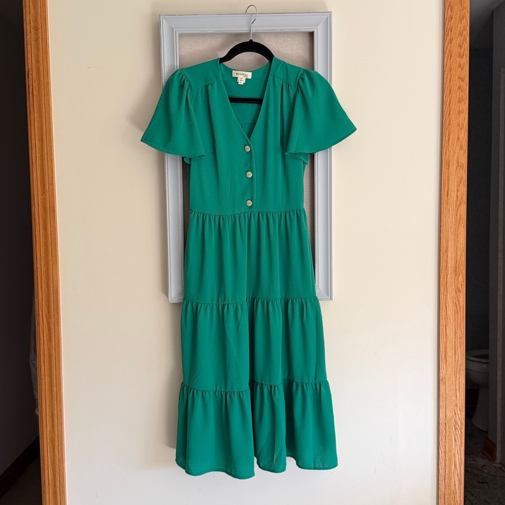 Monteau‎ Dress Womens Green Small Puff Sleeve Tiered Midi V-Neck Sundress